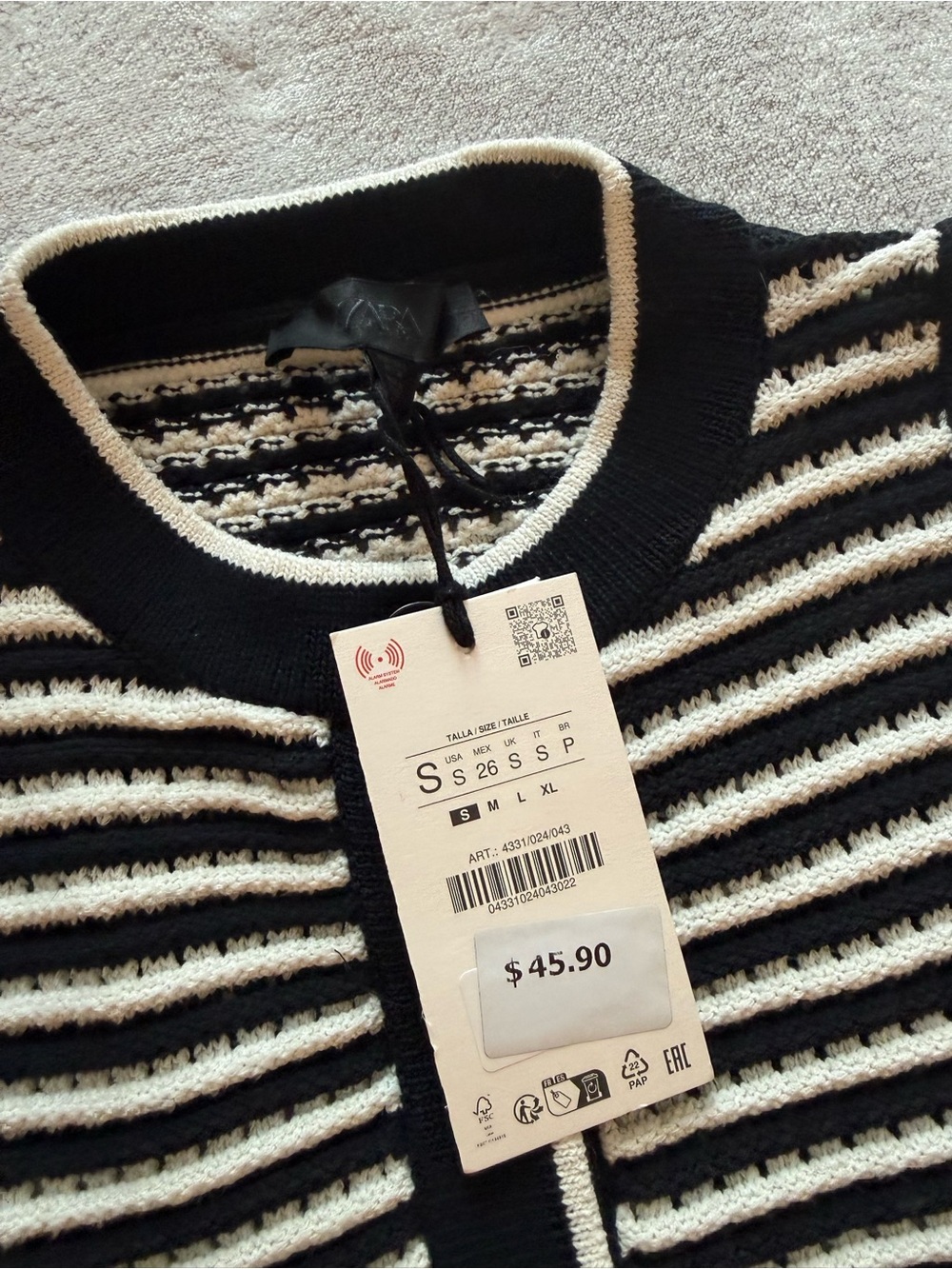 Zara Black and Cream Striped V-Neck Sweater